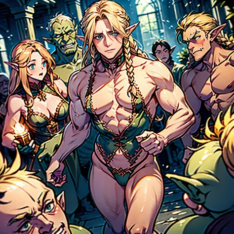 1 main character and npcs, (((a young adult tall lean male with  very long braided blonde hair male elf, male elf wearing erotic...