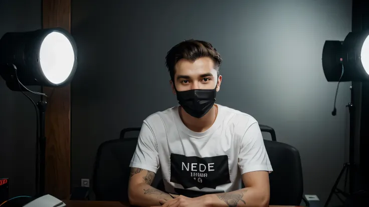 Portrait of a 21 years old man setting on a chair a Studio, wearing a facemask, looking straight to the camera and center, a laptop on a table in front of him, he is talking to the camera, wearing a t shirt, dark cyberpunk,  portrait, setting straight, fon...