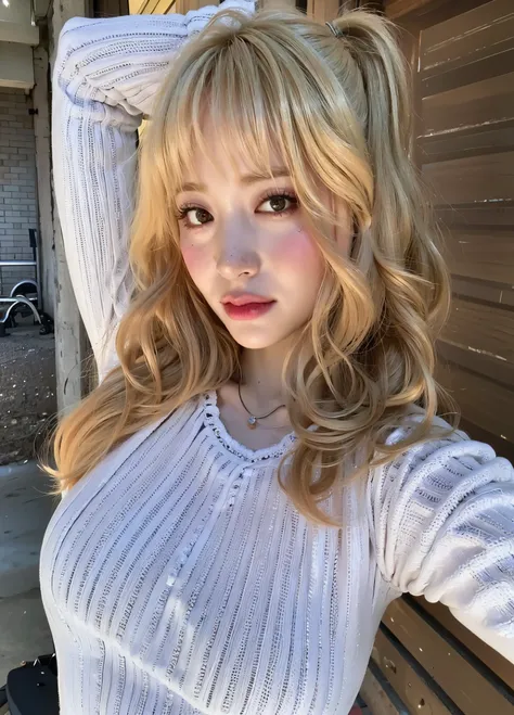 blond woman with long hair posing for a picture in front of a building, with bangs, curly bangs, white bangs, with full bangs, neat hair with bangs, bangs and wavy hair, with a fringe, fluffy bangs, curly bangs and ponytail, long hair with bangs, full bang...