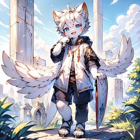 sky使, humanoid, blue eyes, white hair, clothing, cloud, sky, feathered wing, feather, flight, footwear, Weight loss, light skin, looking at the audience, male, not furry,male, one eye closed, open mouth, open Smile, sandals, Smile, alone, toe, wing, blink,...