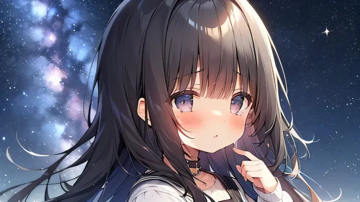 milky way, starry sky, Crying, crying, crying 9 year old girl looks to the side, she is black