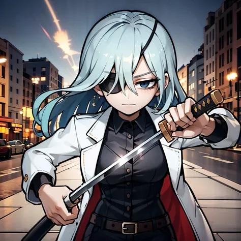 young girl, wearing blue hair, symetric hair, blue eye, wearing a eye patch, black eye patch, wearing suir, black suit, in a city, holding a katana, combat position, ready to fight, looking at vieweer, 4k, masterpiece,
