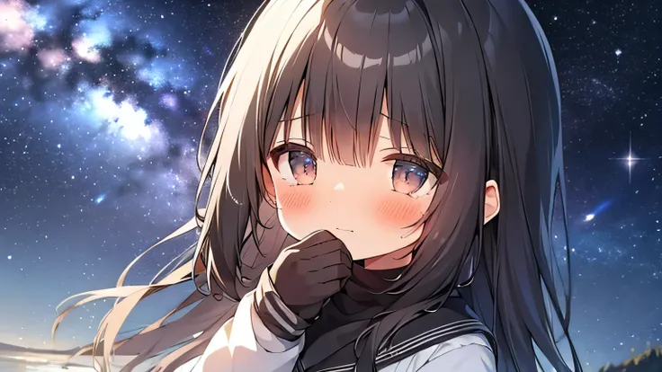 milky way, starry sky, Crying, crying, crying 9 year old girl looks to the side, she is black