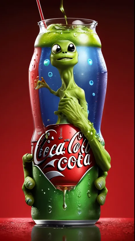 Portrait 8k An alien drinks Coca-Cola, amazed by the taste, and another alien spits his drink from Pepsi