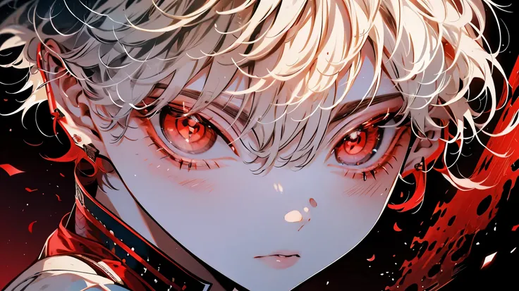 (masutepiece), (Best Quality), Highly detailed, 1 boy, Solo Focus, Perfect face, Beautiful face, extra detailed face，(white  hair:1.3)，(red eyes glowing:1.4)，(White eyelashes:1.4)