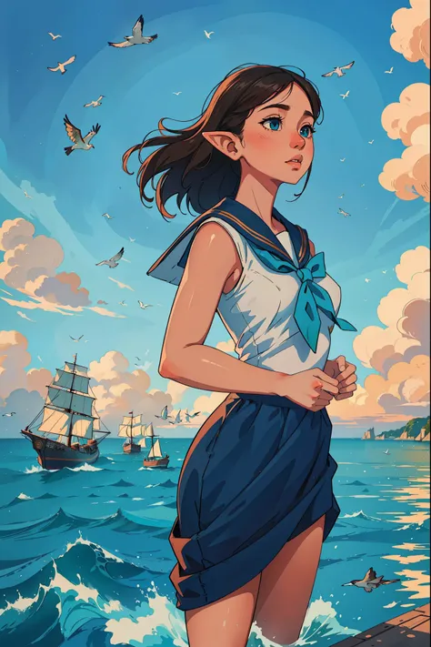 elf girl ,(best quality,highres:1.2),ultra-detailed,(realistic:1.37), background sea , sailor ships,sky ,birds, sunrise
