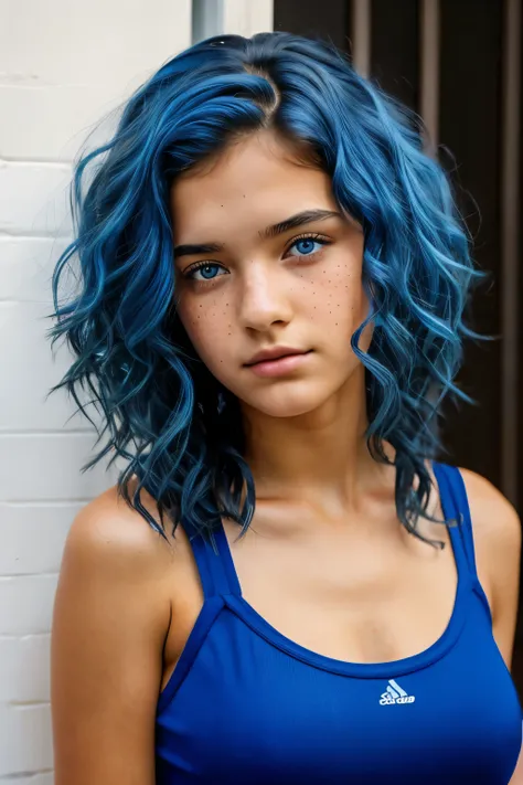 14 year old girl - pretty - medium length hair - curly hair - blue hair - front view - deep gaze - perfect eyes - freckles on cheeks - fair skin