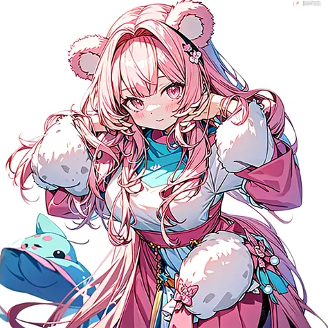 bear ears,pink long hair,,anime character,beautiful girl,pink bear,magic,