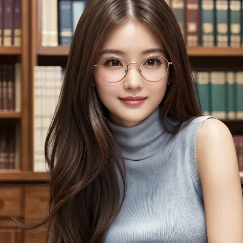 (highest quality、table top、8k、best image quality、Award-winning work)、one beautiful woman、25 years old、alone、perfect beautiful composition、perfect fit、(close up of face:1.3)、(emphasize body line:1.1)、(Perfect Turtleneck Sleeveless Knit Sweater:1.2)、(Perfect...