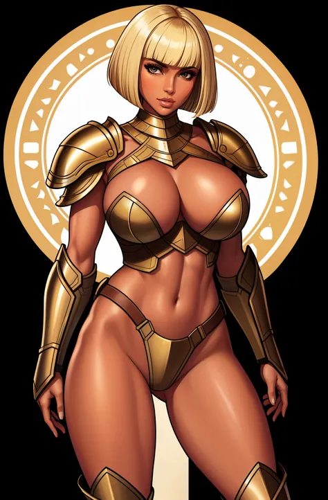 bronze skin, tanned, gorgeous woman, full body shot, muscular, blank background, black background, blonde, heavy armour, bobcut