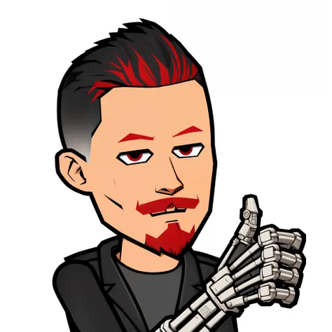 cartoon of a man with a skeleton hand and a red hair, upper body avatar, android james, avatar image, inspired by Jason Teraoka, elon musk as a cyborg, twitch streamer / gamer ludwig, ( ( robot cyborgs ) ), cyborgpunk, endoskeleton, uploaded, biomechanoid,...