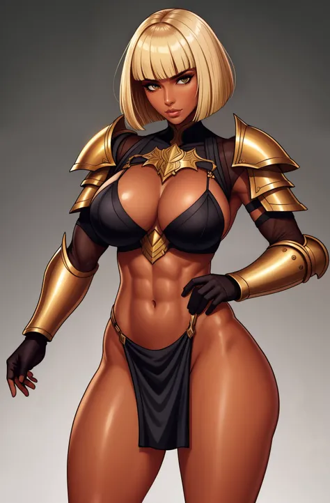 bronze skin, tanned, gorgeous woman, full body shot, muscular, blank background, black background, blonde, heavy armour, bobcut