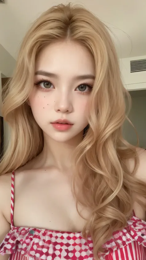 un primer plano de una mujer con cabello largo y rubio con un vestido rojo y blanco, Retrato realista kawaii, ulzzang, maquillaje popular de corea del sur, maquillaje coreano popular, linda cara de anime natural, pale skin curly blonde hair, pelo largo y r...