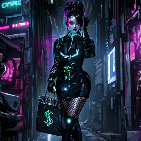 ((best quality)), ((work-before)), (highly detailed:1.3), .. 3d, beautiful (cyberpunk:1.3) , stylish woman looking at camera, bl...