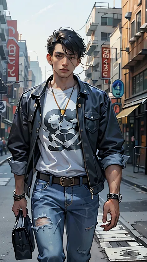 City street-metropolis. 1 young man - modern. Masterpiece, Best quality (surrealism: 1.3), Excellent, quality, (masterpiece: 1.2), (realism: 1.2), (Best quality), (skin detail: 1.3), Sunny day, 1 young man. Long black hair, young, modern, walking down the ...