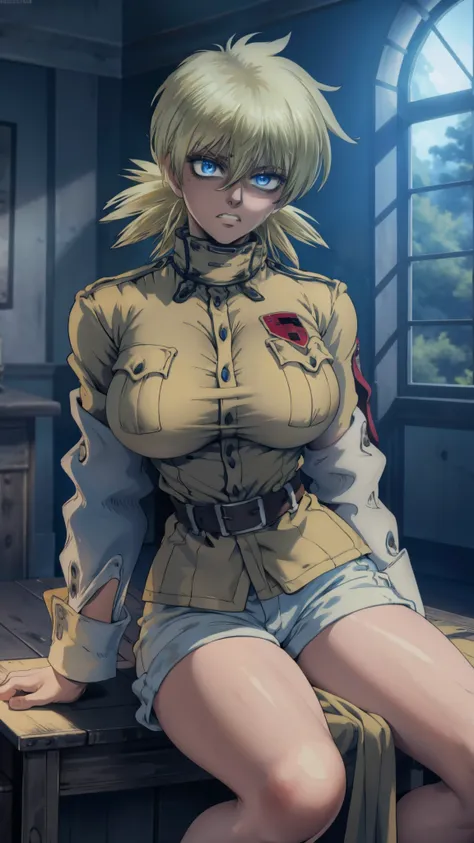 masterpiece, best quality, seras, seras victoria,  hellsing, 1girl, solo, white shorts, long sleeves , sitting, campfire, warm l...