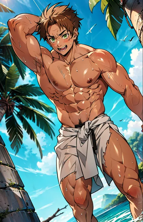 Showing off his muscular muscular back, red skin, bright red skin, the boy blushed shyly , rosy skin, shiny skin(muscular thigh muscles )( anime style, art) (photo angle from bottom up) (photo angle from the ground upwards) [Anime photo][highest quality ph...