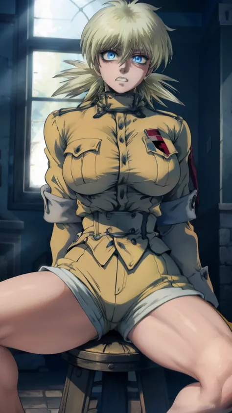 masterpiece, best quality, seras, seras victoria, hellsing, 1girl, solo, white shorts, long sleeves , sitting, campfire, warm lighting, clenching teeth, annoyed, head tilt, looking to the side, gigantic breasts, breast focus, boob window, bare breasts, a...
