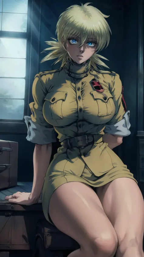 masterpiece, best quality, seras, seras victoria,  hellsing, 1girl, solo, , sitting,, warm lighting, lustful gaze, in heat, horny, head tilt, looking to the side, gigantic breasts, breast focus,  boob window, bare breasts, arms at side, arms behind back, D...