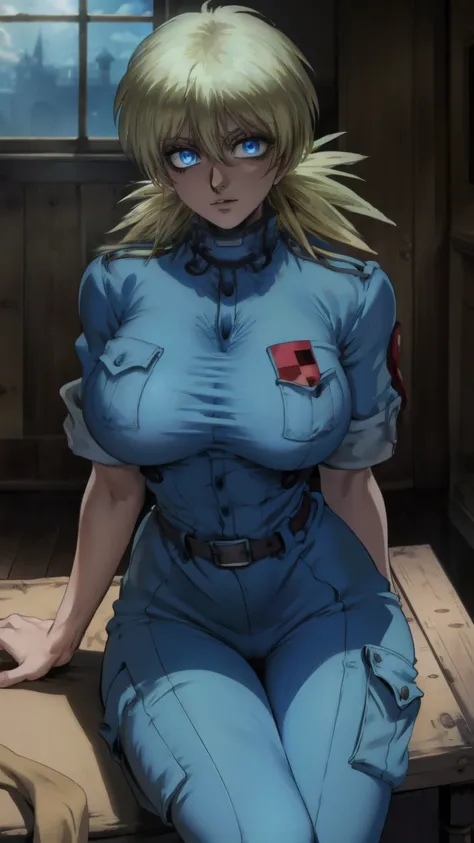 masterpiece, best quality, seras, seras victoria,  hellsing, 1girl, solo, , sitting,, warm lighting, lustful gaze, in heat, horny, head tilt, looking to the side, gigantic breasts, breast focus,  boob window, bare breasts, arms at side, arms behind back, D...