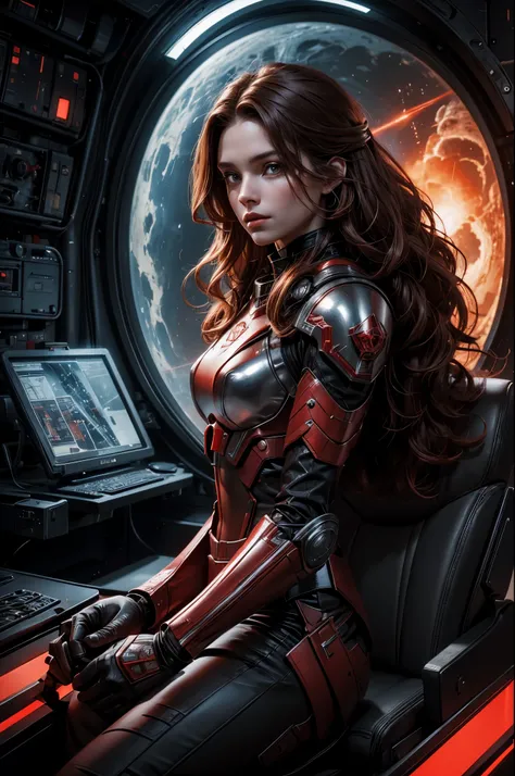 young explorer with long wavy light brown hair with red and black metal science fiction armor in a spaceship, electronics, science fiction style, High quality, Cinematographic atmosphere, very detailed, high quality, high resolution