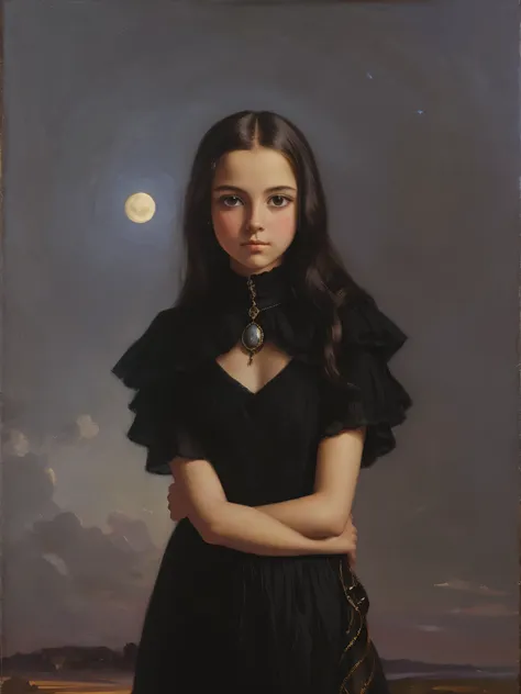 [(front portrait: young girl with big eyes)((harrison fisher style))):20]/[background:landscape
 baroque (moonlight sunset), sty...