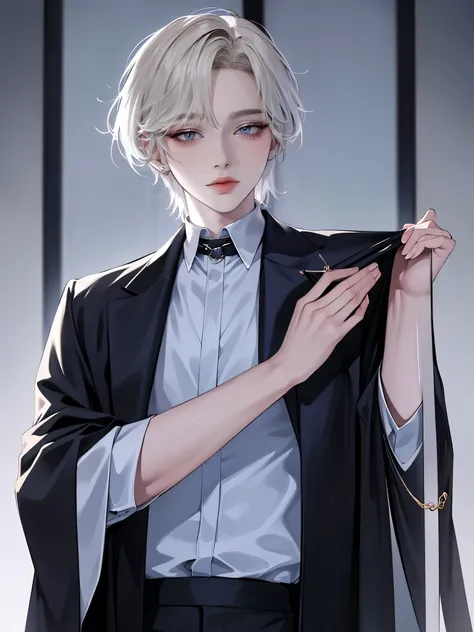 one beautiful boy、light golden short hair、hairstyle with black end color、light blue colorcon、small face、anime makeup、"a man with...