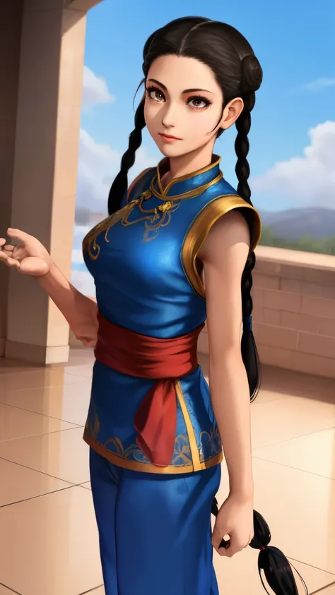 Pai-chan, Twin braids with blue ribbon, brown eyes, double good,black hair,Are standing, alone , Upper body,  combat readiness, 
paiati,blue cheongsam, red obi, pants, No sleeve,
marble floor, blue sky, cloudy, evening,
(Extremely detailed, beautiful and d...