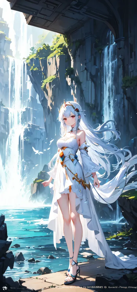 anime girl in white dress standing in front of waterfall, concept art by Shitao, pixiv contest winner, fantasy art, trending on artstation pixiv, anime goddess, artgerm on artstation pixiv, ((a beautiful fantasy empress)), fanart best artstation, beautiful...