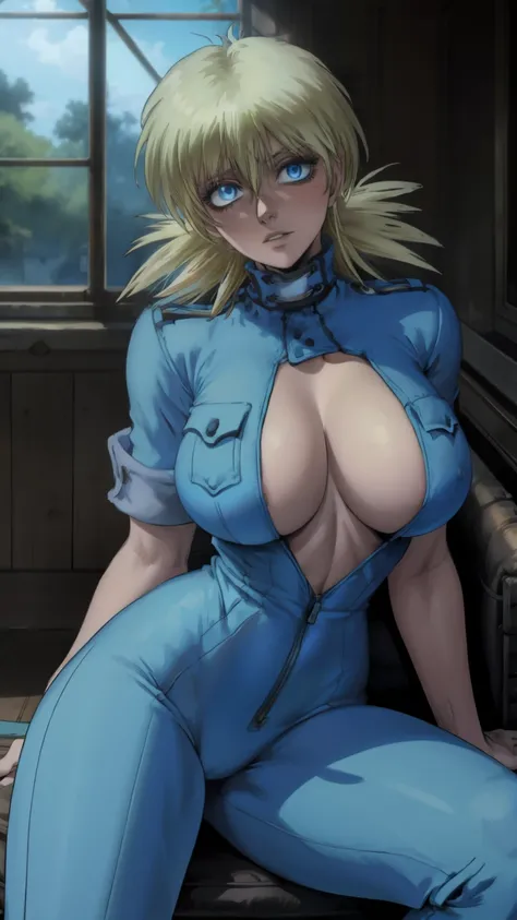 masterpiece, best quality, seras, seras victoria,  hellsing, 1girl, solo, , sitting,, warm lighting, lustful gaze, in heat, horny, head tilt, looking to the side, gigantic breasts, breast focus,  boob window, bare breasts, arms at side, arms behind back, D...