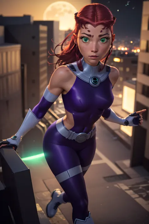 Starfire-Teen Titans, orange skin, solo, red hair, gloves, 1girl, action shot, girl focus, boots, belt, abs, skin tight, realistic, superhero, spandex, (bodysuit), green eyes, detailed eyes, city, night, moon, ultra realistic,32k,RAW photo,(high detailed s...