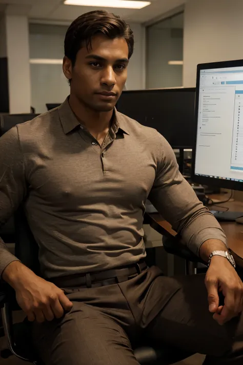 Man, toned body, in business clothes, sitting in an office chair, medium ambient light, sitting with an imposing posture, brown skin tone, ultra realistic, showing only man.