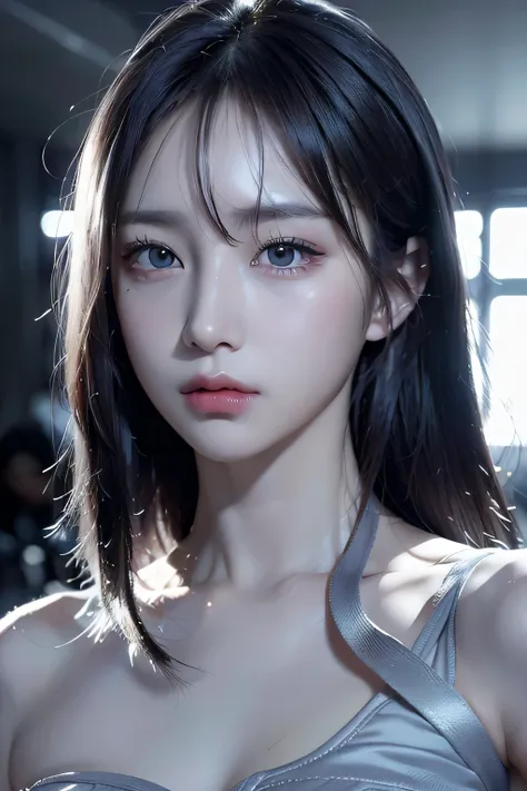 ８ｋ、High resolution、punk fashion、beautiful girl、Android Body、young、white skin,、narrow eyes,high nose,lighting that illuminates the face、clear image、intellectual beauty、skinny、no makeup、anxious look、lighting that illuminates the face,shining hair、single eyel...