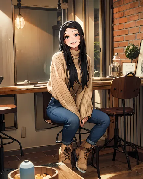 1girl, sitting in her bedroom, on a bar chair, cute pose, long black hair, smiling, hand between her legs, full body shot, wearing beige sweater, blue jeans, boots