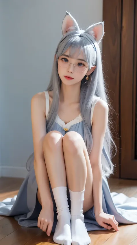 golden eyes，M-shaped bangs，Long gray hair，Pink heart glasses，Light blue fox ears and tail，Love shaped silly hair，Light blue maid outfit(sleeveless)，Dark blue shawl，Pixel whale headdress，Small fur ball earrings，Dark blue high heels，White knee socks