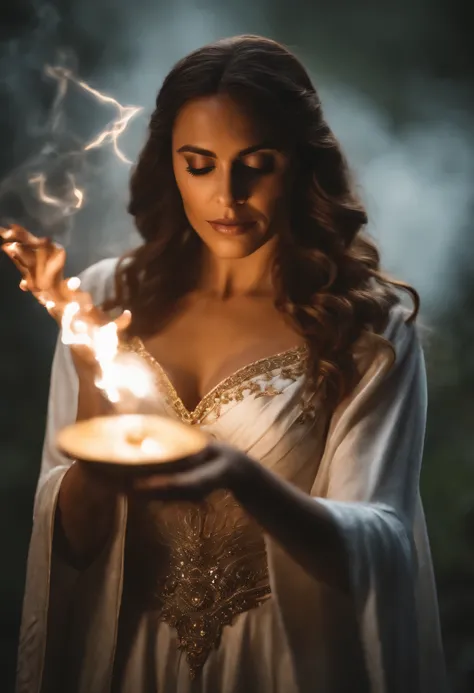 mulher arafed maga da luz em um vestido  branco, Foto do personagem de fantasia, sorceress casting a spell, casting a protection spell, maga feminina de fantasia sombria, linda feiticeira feminina, Retrato de uma feiticeira, uma bela feiticeira, feiticeira...