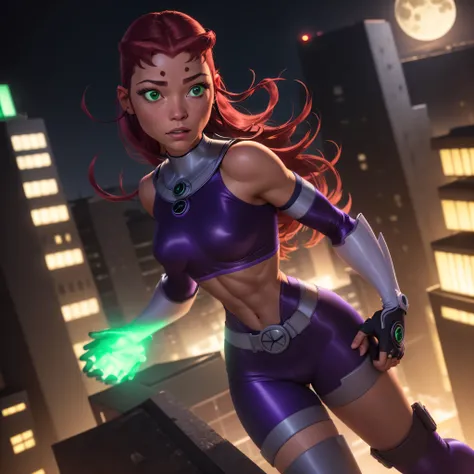 Starfire-Teen Titans, orange skin, solo, red hair, gloves, 1girl, action shot, girl focus, boots, belt, abs, skin tight, realistic, superhero, spandex, (bodysuit), green eyes, detailed eyes, city, night, moon, ultra realistic,32k,RAW photo,(high detailed s...