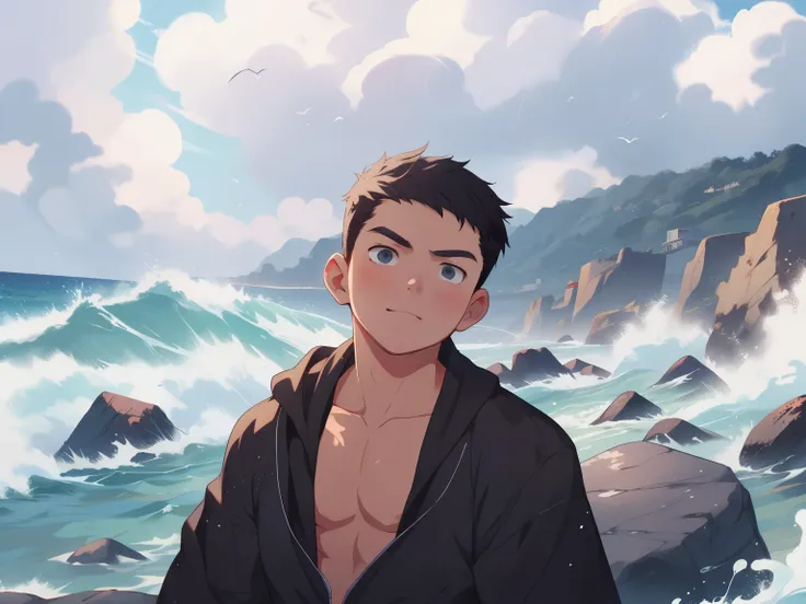 8k uhd,cinematic lighting,(anime style art),high quality,best quality,masterpiece,beautiful day,sea,clouds,beach,stone,1boy,cute...