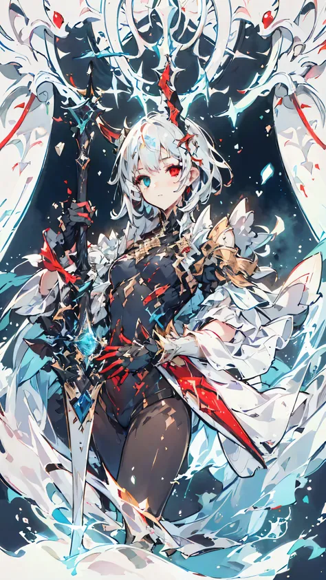 (materpiece,top quality, offical art, beautifl and detail, hyper detailer:2.0), 1girl, (heterochromia, right red eye and left blue eye:1.9), very long straight hair, silver hair, small breasts, small girl, full body, full armor, red+black clothes, holding ...