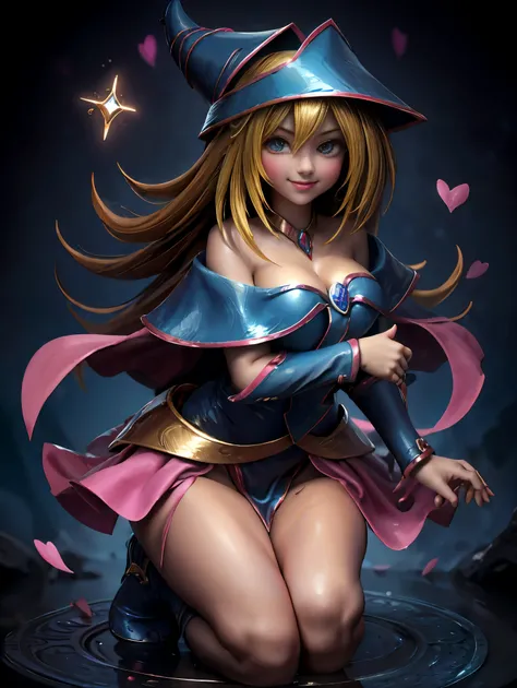 Dark magician gils en el aire, ella esta parada saltando, Magic hearts background. Sonrisa en sus labios. Ojos celestes. Cabello dorado. Pose sensual. Levitando en una pie. Tiene tacones. 1.1 Usa tacones azules y dorados . Usa tacones 