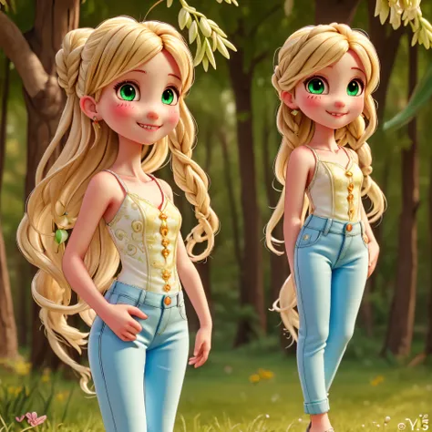 chibi 1 small African long curly brown dread Lys, dark brown skin:5 detailed skin perfect shape, sparkling eyes, slightly sparkling light green eyes, beautiful and correct eyes, perfect nose, perfect full lips, cute smile, single, jeans, advanced chibi, wa...