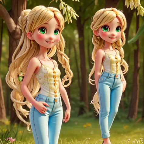 chibi 1 small African long curly brown dread Lys, dark brown skin:5 detailed skin perfect shape, sparkling eyes, slightly sparkling light green eyes, beautiful and correct eyes, perfect nose, perfect full lips, cute smile, single, jeans, advanced chibi, wa...