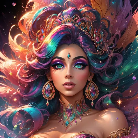 A magnificent drag queen with intricate makeup and flamboyant attire, standing tall and exuding confidence at the center of the image, like a vibrant peacock spreading its majestic feathers. The queens face embodies perfection, with beautifully defined eye...