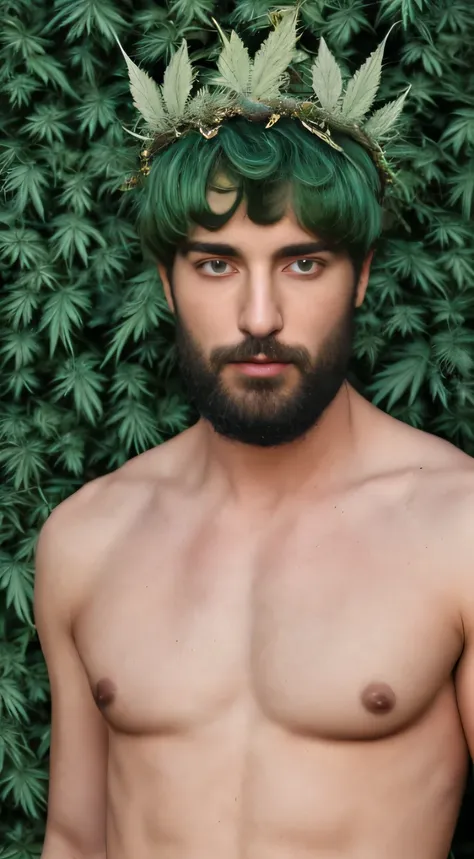 a handsome boy, 1boy, green hair, beard, full body shot, (marijuana god:1.2), (ganja king:1.1), (marijuana leaf crown:1.2), red ...