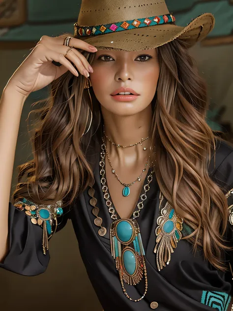 image of a woman wearing a hat and necklace, cowboy, western cowboy, boho - chic, bohemian fashion, black stetson hat, boho styl...