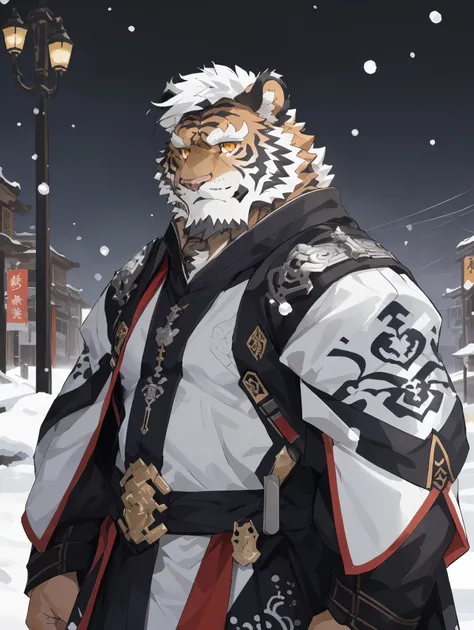 (白色皮肤tiger),(黑白阴阳general古代战袍),holding a long sword,powerful posture,standing calmly,(the background is a city covered with ice a...