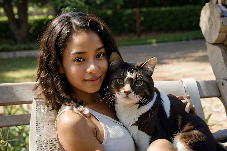 The image captures the sweet connection between an 11-year-old afro girl and her faithful feline companion. A garota, com cabelos cacheados e um sorriso caloroso, is sitting on a park bench, while carefully holding your cat in your arms. Seus olhos transmi...