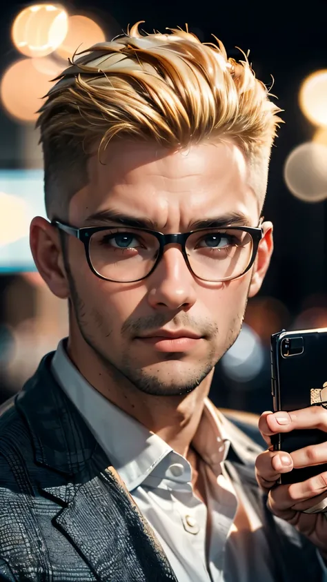 (masterpiece, best quality, RAW photo, 8k, highest resolution, intricate details) trending on artstation, hasselbad, portrait, closeup head and shoulders, male, 1man, 30 years old, blonde dyed hair, frown, trendy haircut, mullet, glasses, looking at viewer...