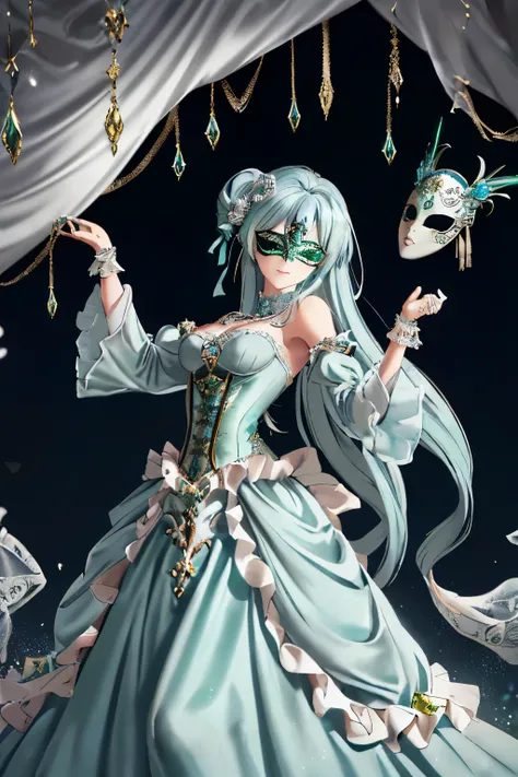 ((light blue hair)),(Twin-tailed longhair),((She is wearing a mask like one would wear at a masquerade ball.......)),((mask covering eyes)),((Show off your body line beautifully、One-piece dress with a flowing silhouette.,Green and silverと黄色のドレス)),(flare sl...