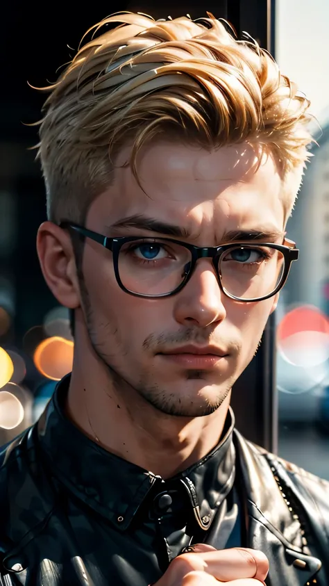 (masterpiece, best quality, RAW photo, 8k, highest resolution, intricate details) trending on artstation, hasselbad, portrait, closeup head and shoulders, male, 1man, 30 years old, blonde dyed hair, frown, trendy haircut, mullet, glasses, looking at viewer...